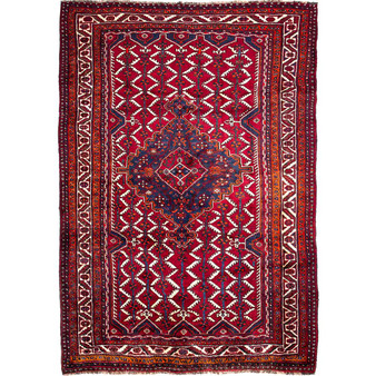 Shiraz Persian Rug 8x5 ft - Semi Antique Medallion Geometric Madder Red, Navy Blue, Cream Hand Knotted | front view | SKU 112709