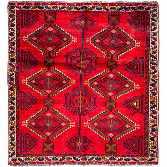 Shiraz Persian Rug 5'3" x 4'11" - Semi Antique Geometric Blue, Red Hand Knotted | front view | SKU 112710