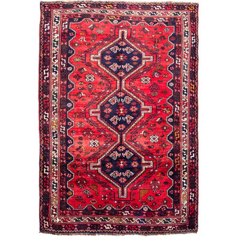 Shiraz Persian Rug 8x5 ft - Semi Antique Geometric Blue, Red Hand Knotted | front view | SKU 112711