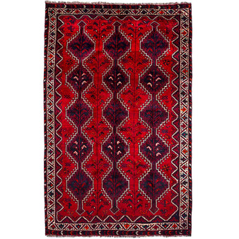 Shiraz Persian Rug 8'2" x 5'3" - Semi Antique Geometric Blue, Red Hand Knotted | front view | SKU 112712