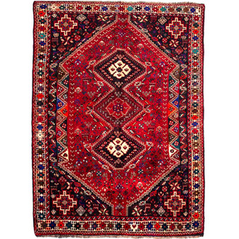 Shiraz Persian Rug 8'8" x 5'7" - Semi Antique Geometric Blue, Red Hand Knotted | front view | SKU 112715
