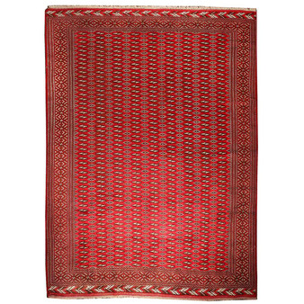 Turkmen Persian Rug 12'8" x 9'10" - Semi Antique Geometric Crimson, Navy Blue Hand Knotted | front view | SKU 110125