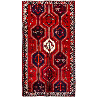 Shiraz Persian Rug 9x5 ft - Semi Antique Geometric, Tribal and Nomadic Red, Navy Blue, Ivory Hand Knotted | front view | SKU 112719