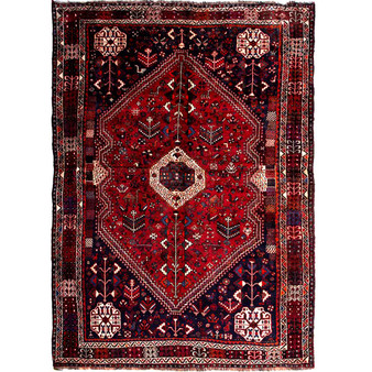 Shiraz Persian Rug 8x5 ft - Semi Antique Medallion Geometric Madder Red, Dark Red, Navy Blue Hand Knotted | front view | SKU 112725