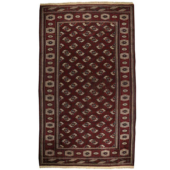 Turkmen Persian Rug 11x6 ft - Semi Antique Vaghireh Geometric Dark Red, Burgundy, Cream Hand Knotted | front view | SKU 110126