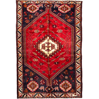 Shiraz Persian Rug 7x5 ft - Semi Antique Medallion Geometric Red, Navy Blue, Cream Hand Knotted | front view | SKU 112728