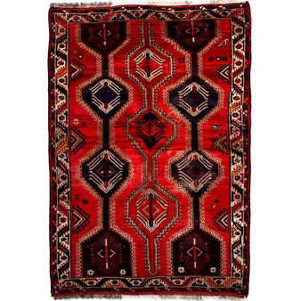 Shiraz Persian Rug 7x5 ft - Semi Antique Geometric, Gol Farang (European Floral) Red, Madder Red, Navy Blue Hand Knotted | front view | SKU 112729