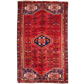 Shiraz Persian Rug 7x4 ft - Semi Antique Mihrab Prayer Geometric Madder Red, Navy Blue, Ivory Hand Knotted | front view | SKU 112730