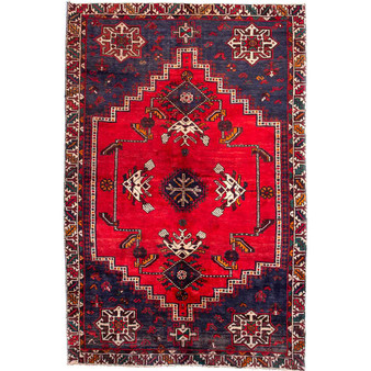 Shiraz Persian Rug 7x5 ft - Semi Antique Medallion Geometric Madder Red, Navy Blue, Ivory Hand Knotted | front view | SKU 112731