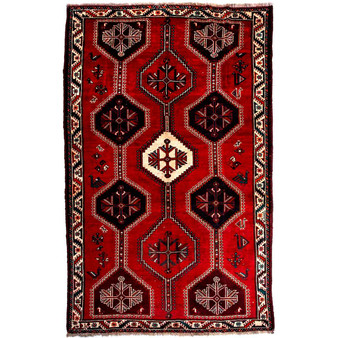 Shiraz Persian Rug 8x5 ft - Semi Antique Geometric Blue, Red Hand Knotted | front view | SKU 112734