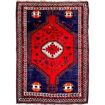 Shiraz Persian Rug 7x5 ft - Semi Antique Medallion (Toranj), Geometric Navy Blue, Madder Red, Ivory Hand Knotted | front view | SKU 112737