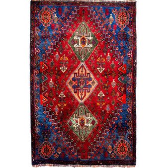 Qashqai Persian Rug 4'10" x 3'1" - Semi Antique Geometric Crimson, Blue Hand Knotted | front view | SKU 112743