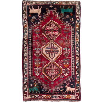 Shiraz Persian Rug 4x2 ft - Semi Antique Geometric Blue, Red Hand Knotted | front view | SKU 112749