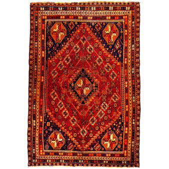 Shiraz Persian Rug 7'10" x 5'4" - Semi Antique Geometric Blue, Red Hand Knotted | front view | SKU 112750