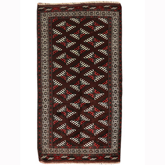Turkmen Persian Rug 9x4 ft - Semi Antique Geometric Crimson, Navy Blue Hand Knotted | front view | SKU 110129