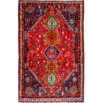 Shiraz Persian Rug 8x5 ft - Semi Antique Geometric Blue, Red Hand Knotted | front view | SKU 112760