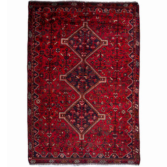Shiraz Persian Rug 8x5 ft - Semi Antique Medallion (Toranj), Geometric Madder Red, Dark Red, Burgundy Hand Knotted | front view | SKU 112763