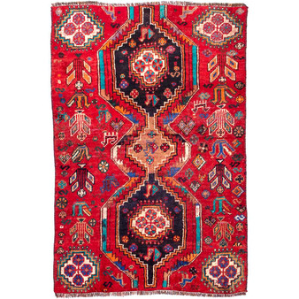 Shiraz Persian Rug 5x3 ft - Semi Antique Geometric Blue, Red Hand Knotted | front view | SKU 112764
