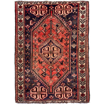 Shiraz Persian Rug 4x3 ft - Semi Antique Medallion (Toranj), Geometric Madder Red, Navy Blue, Cream Hand Knotted | front view | SKU 112765