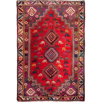 Shiraz Persian Rug 8x5 ft - Semi Antique Medallion (Toranj), Geometric Red, Burgundy, Cream Hand Knotted | front view | SKU 112766