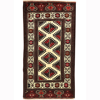 Turkmen Persian Rug 8x4 ft - Semi Antique Geometric, Diamond Lattice Cream, Dark Red, Navy Blue Hand Knotted | front view | SKU 110130
