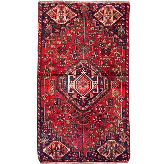 Shiraz Persian Rug 4'9" x 2'9" - Semi Antique Geometric Blue, Red Hand Knotted | front view | SKU 112771