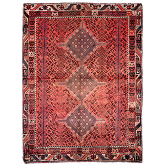 Shiraz Persian Rug 6x4 ft - Semi Antique Geometric Blue, Red Hand Knotted | front view | SKU 112773
