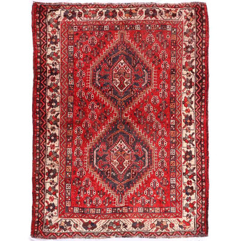 Shiraz Persian Rug 5x3 ft - Semi Antique Geometric Blue, Red Hand Knotted | front view | SKU 112774