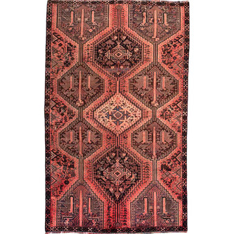 Shiraz Persian Rug 7x4 ft - Semi Antique Geometric Blue, Red Hand Knotted | front view | SKU 112779