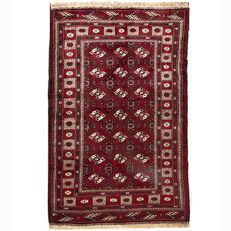 Turkmen Persian Rug 6x4 ft - Semi Antique Geometric Crimson, Navy Blue Hand Knotted | front view | SKU 110131
