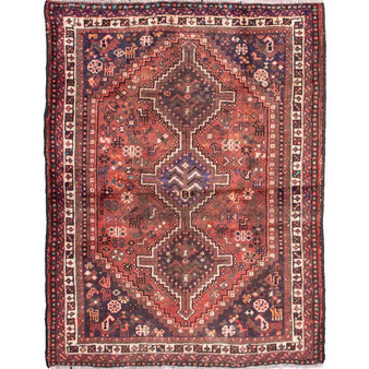 Shiraz Persian Rug 4x3 ft - Semi Antique Medallion Geometric Madder Red, Burgundy, Navy Blue Hand Knotted | front view | SKU 112783