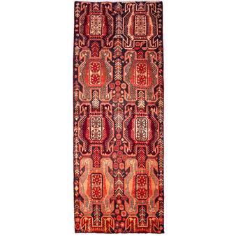 Ardabil Persian Rug 8x3 ft - Semi Antique Geometric, Gol Farang Madder Red, Brick Red, Navy Blue Hand Knotted | front view | SKU 112784