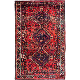 Shiraz Persian Rug 8'2" x 4'9" - Semi Antique Geometric Blue, Red Hand Knotted | front view | SKU 112785