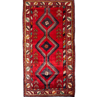 Shiraz Persian Rug 9x4 ft - Semi Antique Geometric Blue, Red Hand Knotted | front view | SKU 112789