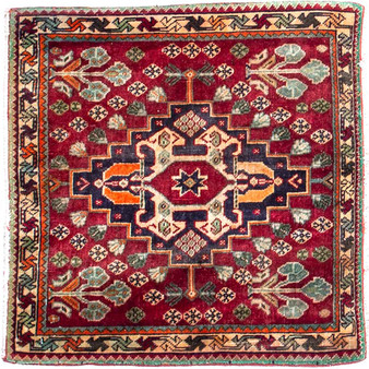 Qashqai Persian Rug 2x2 ft - Semi Antique Medallion (Toranj), Herati (Mahi) Madder Red, Navy Blue, Cream Hand Knotted | front view | SKU 112792
