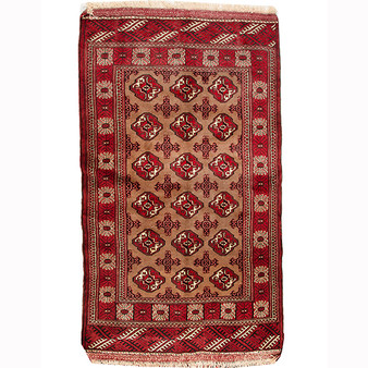 Turkmen Persian Rug 6x3 ft - Semi Antique Vaghireh Geometric Madder Red, Camel, Cream Hand Knotted | front view | SKU 110132