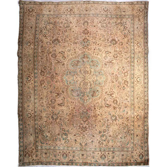 Tabriz Persian Rug 12x9 ft - Semi Antique Medallion Red, Cream Hand Knotted | front view | SKU 112804