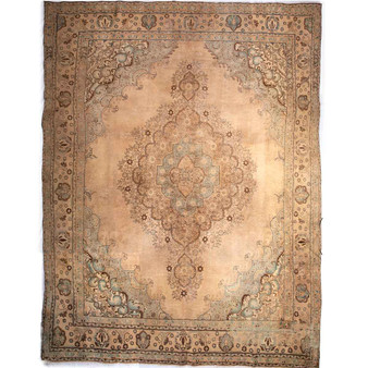 Tabriz Persian Rug 12'12" x 9'1" - Semi Antique Medallion Red, Cream Hand Knotted | front view | SKU 112808