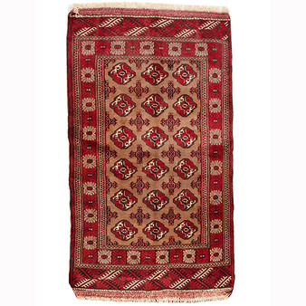 Turkmen Persian Rug 6x3 ft  Semi Antique Geometric Crimson, Navy Blue Hand Knotted | front view | SKU 110133