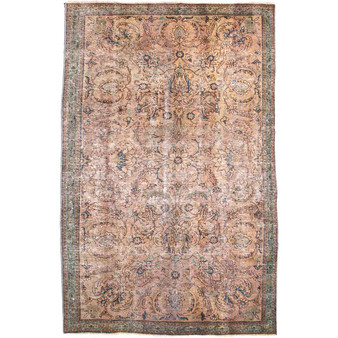 Tabriz Persian Rug 8x5 ft - Semi Antique Afshan All-Over, Shah Abbasi Camel, Cream, Sage Green Hand Knotted | front view | SKU 112815