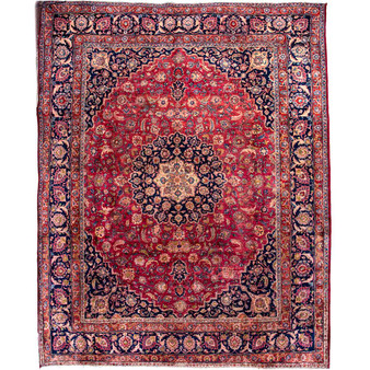 Tabriz Persian Rug 12x9 ft - Semi Antique Medallion Red, Cream Hand Knotted | front view | SKU 112819