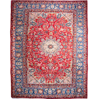 Najafabad Persian Rug 14x10 ft - Semi Antique Medallion (Toranj), Shah Abbasi Madder Red, Navy Blue, Ivory Hand Knotted | front view | SKU 112820