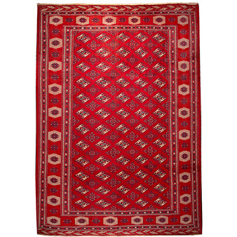 Turkmen Persian Rug 13x9 ft - Semi Antique Geometric Crimson, Navy Blue Hand Knotted | front view | SKU 110134