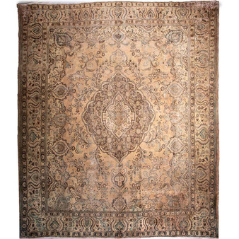 Tabriz Persian Rug 12x10 ft - Semi Antique Medallion (Toranj), Shah Abbasi Cream, Camel, Brown Hand Knotted | front view | SKU 112826