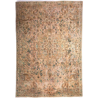 Tabriz Persian Rug 11x7 ft - Semi Antique Medallion (Toranj), Shah Abbasi Camel, Cream, Sage Green Hand Knotted | front view | SKU 112828