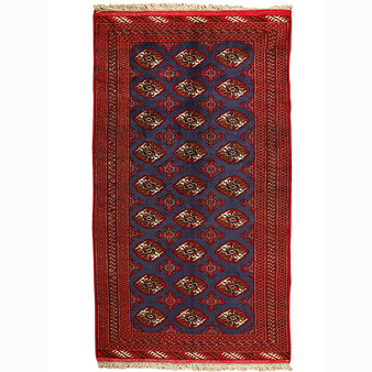 Turkmen Persian Rug 7x4 ft  Semi Antique Geometric Crimson, Navy Blue Hand Knotted | front view | SKU 110135