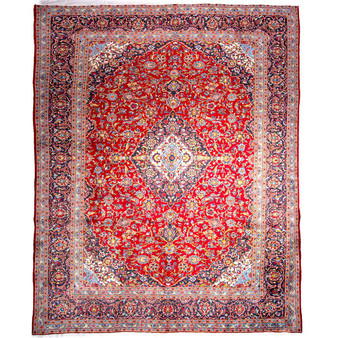 Kashan Persian Rug 12x9 ft - Semi Antique Medallion Crimson, Navy Blue Hand Knotted | front view | SKU 112837