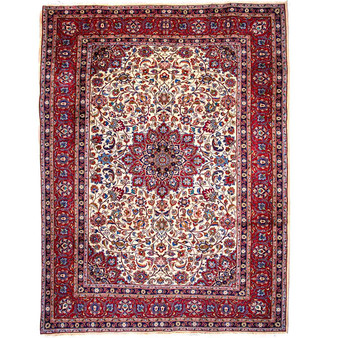 Kashmar Persian Rug 11x8 ft - Semi Antique Medallion Toranj Shah Abbasi Crimson Ivory Navy Blue Hand Knotted | front view | SKU 112848