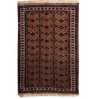 Turkmen Persian Rug 3'7" x 2'6" - Semi Antique Geometric Crimson, Navy Blue Hand Knotted | front view | SKU 110136
