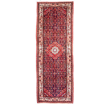 Hosseinabad Persian Rug 10'10" x 3'8" - Semi Antique Medallion Crimson, Ivory Hand Knotted | front view | SKU 112850